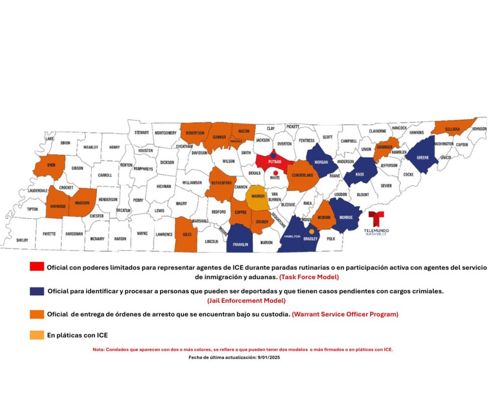 Mapa de los condados en Tennessee con 287 (g)
